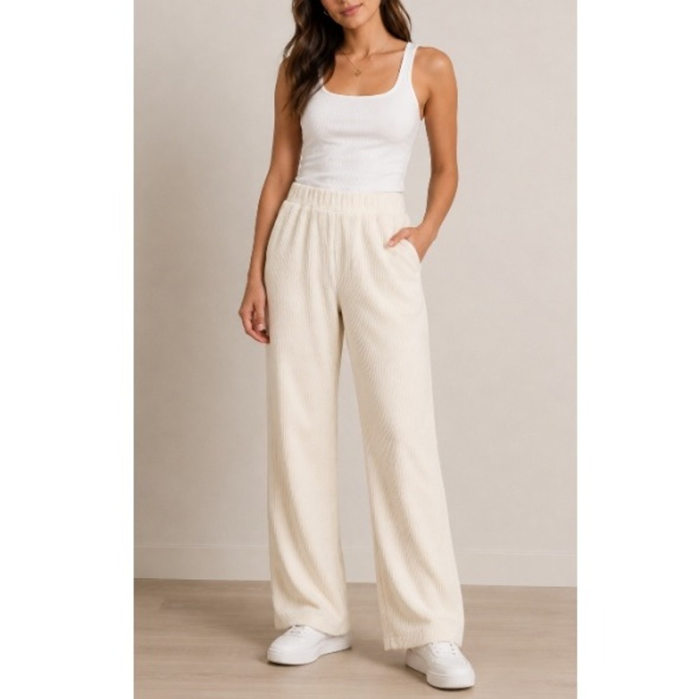 Comfrt‎ Women's Cream Waffle Knit Wide Leg High Waist Lounge Pants Size S NWOT